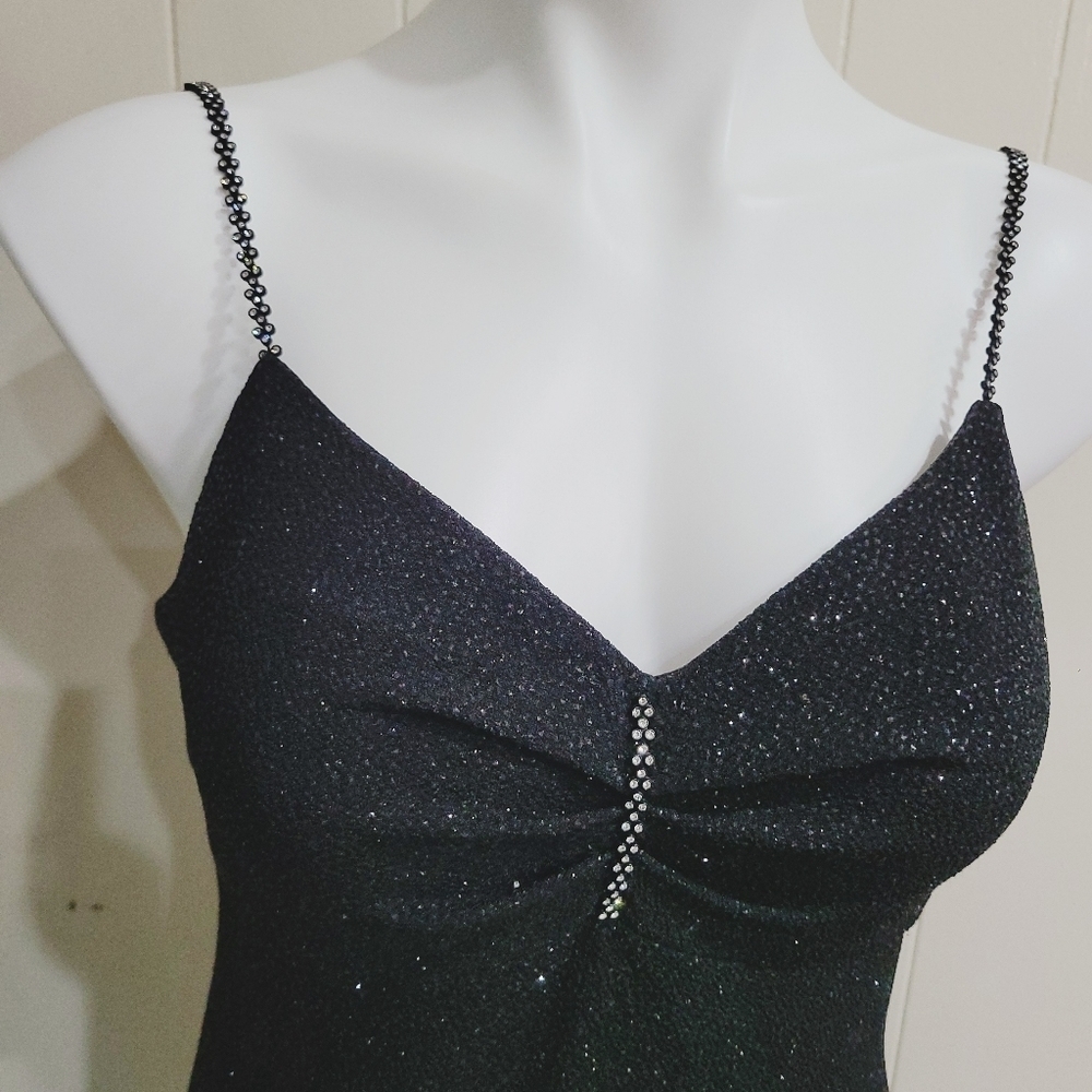 DUSK Black Crystal Beaded Party Dress Spaghetti Straps Little Black Dress SZ 8 - Picture 6 of 9